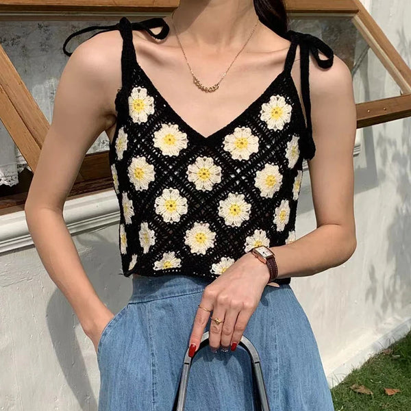 Vintage Floral Crochet Top with Tie Shoulder Strap