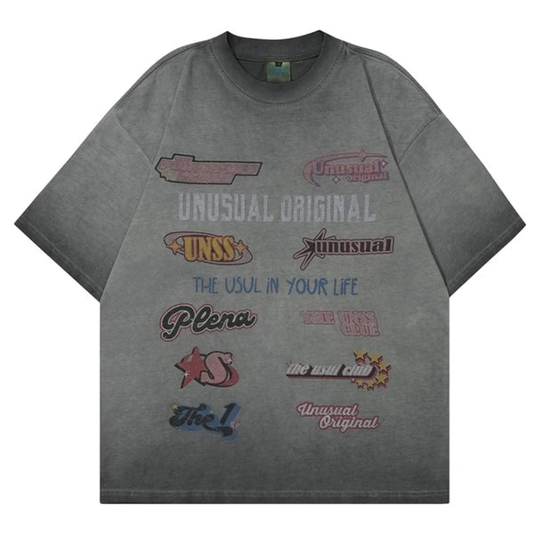 Camiseta con estampado de letras retro y degradado de color