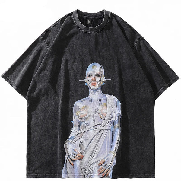 Vintage Robot Graphic Black Oversized T-Shirt