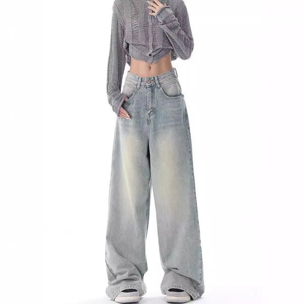 Y2K Off-White Color Distressed Wide Leg Jeans