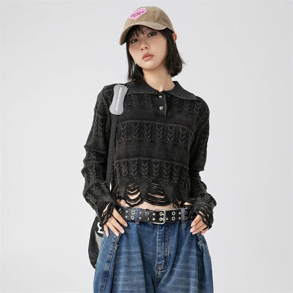 Knitted Ripped Cropped Y2K Sweater