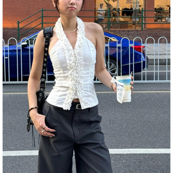 White Summer Halter Ruffles Blouse Shirt