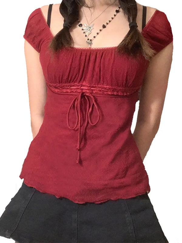 Soft Girl Lace Off-Shoulder Drawstring T-Shirt