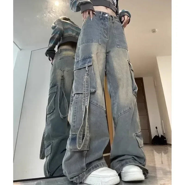 High Waist Spliced Denim Cargo Jeans