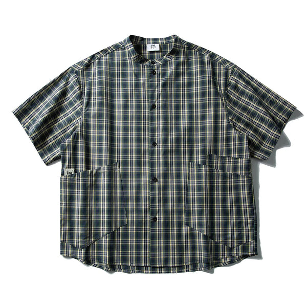 Plaid Stand Collar Cargo Shirt