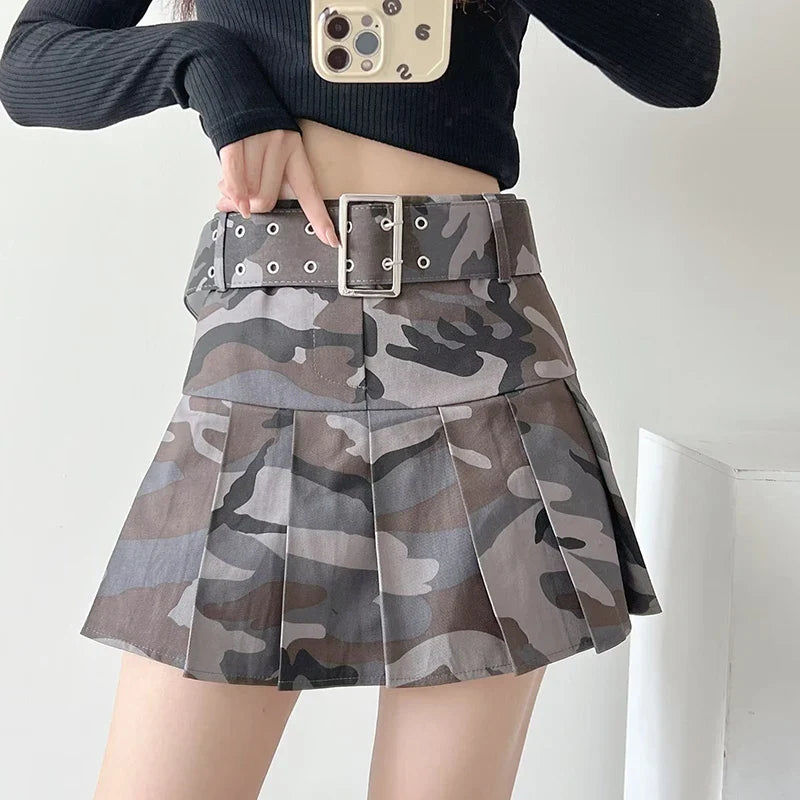 Model wearing the grey Pleated Camoiflage Mini Skirt