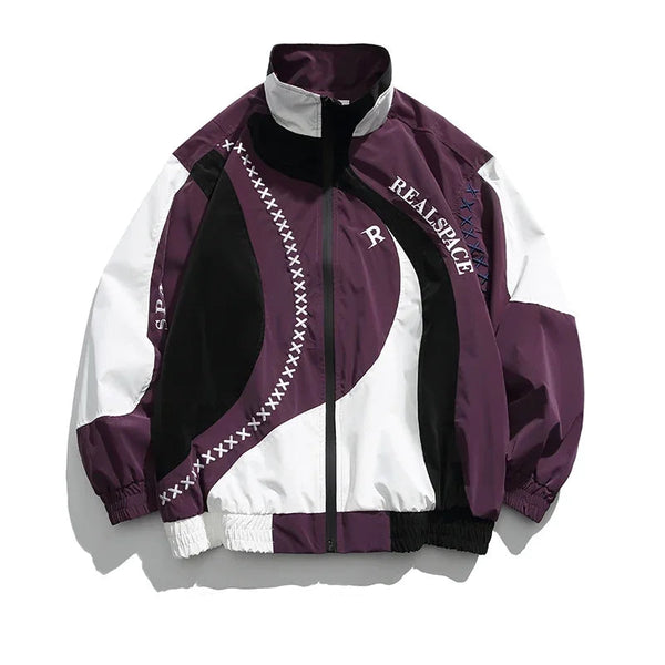 Purple and white jacket with branding on a white background