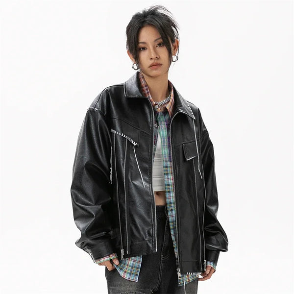 Black Synthetic Skin Rider Zip Leather Jacket