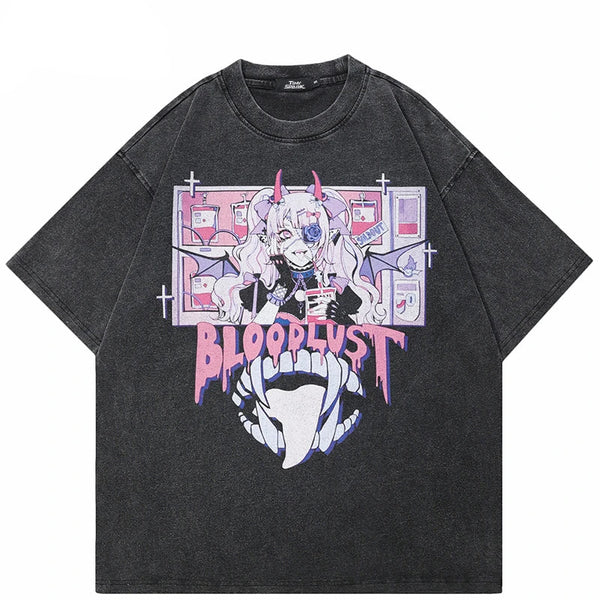Washed Black Anime Cartoon Graphic T-Shirt