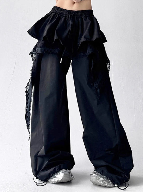 Black Lace Patchwork Cargo Pants