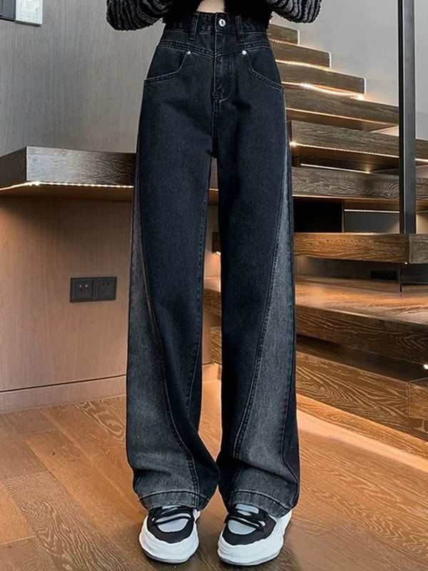 American High Waist Patchwork Straight Jeans
