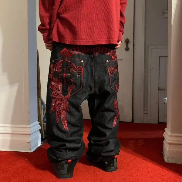 Gothic Embroidered Black Red Pattern Jeans