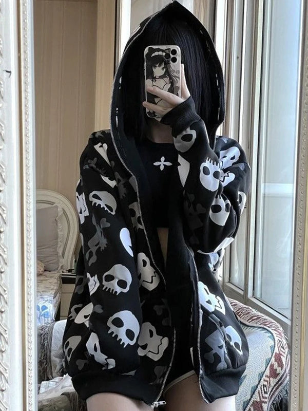 Goth Cyberpunk Skull Print Zip-Up Hoodie