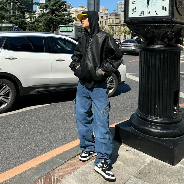 Vintage Black PU Leather Windbreaker Jacket