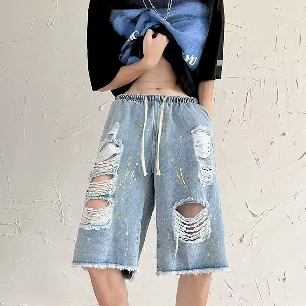 Vintage Ripped Drawstring Denim Shorts