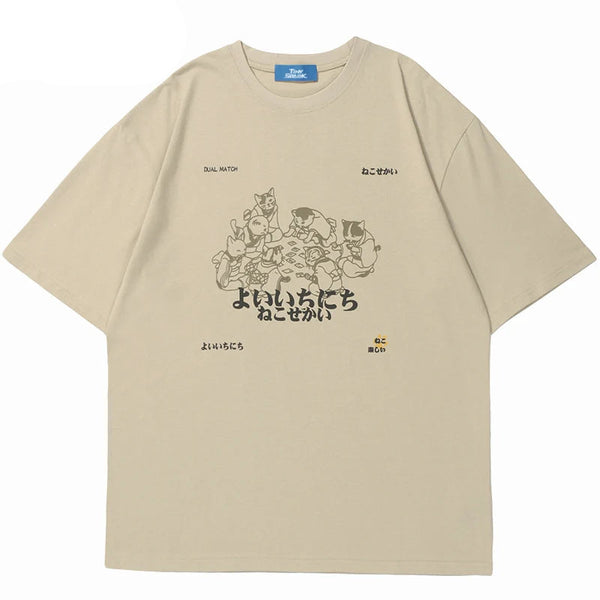 Japanese Kanji Animals Print Cotton T-Shirt