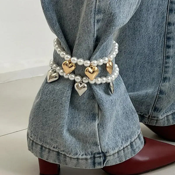 Pearl Heart Chain Ankle Bracelets