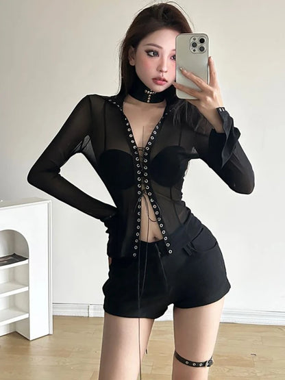 Sexy Vintage Patchwork Gaze Bodycon Shirt