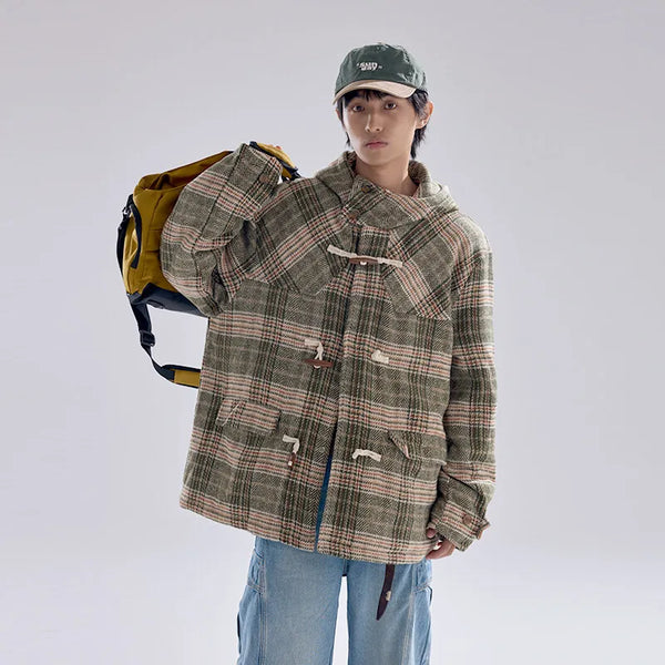 Retro Plaid Woolen Hooded Puffer Jacket