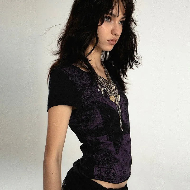 Model wearing the black purple Graphic Short-Sleeve T-Shirt 