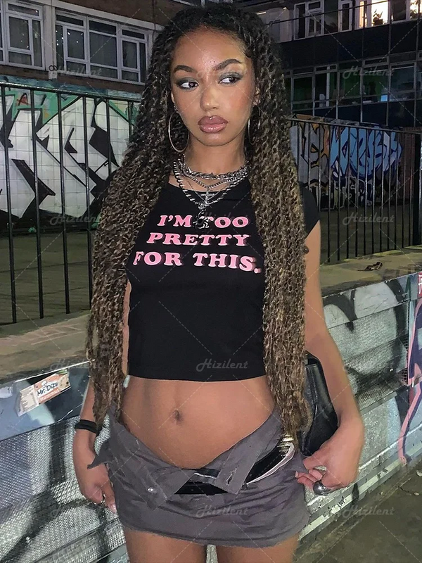Vintage Gothic Black Letter Print Baby Crop Top