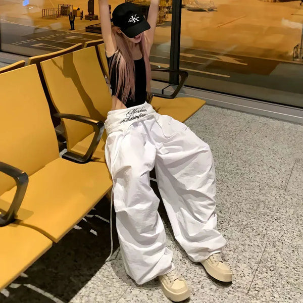White Embroidered Y2K Parachute Pants