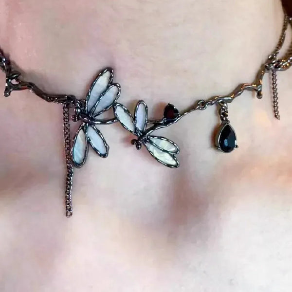 Dreamy Gothic Dragonfly Fringe Necklace
