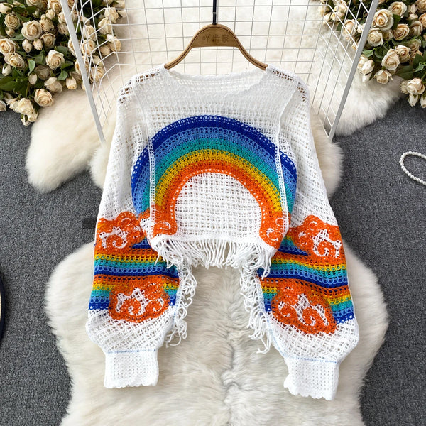 Handmade Knitted Embroidery Rainbow Crochet Top