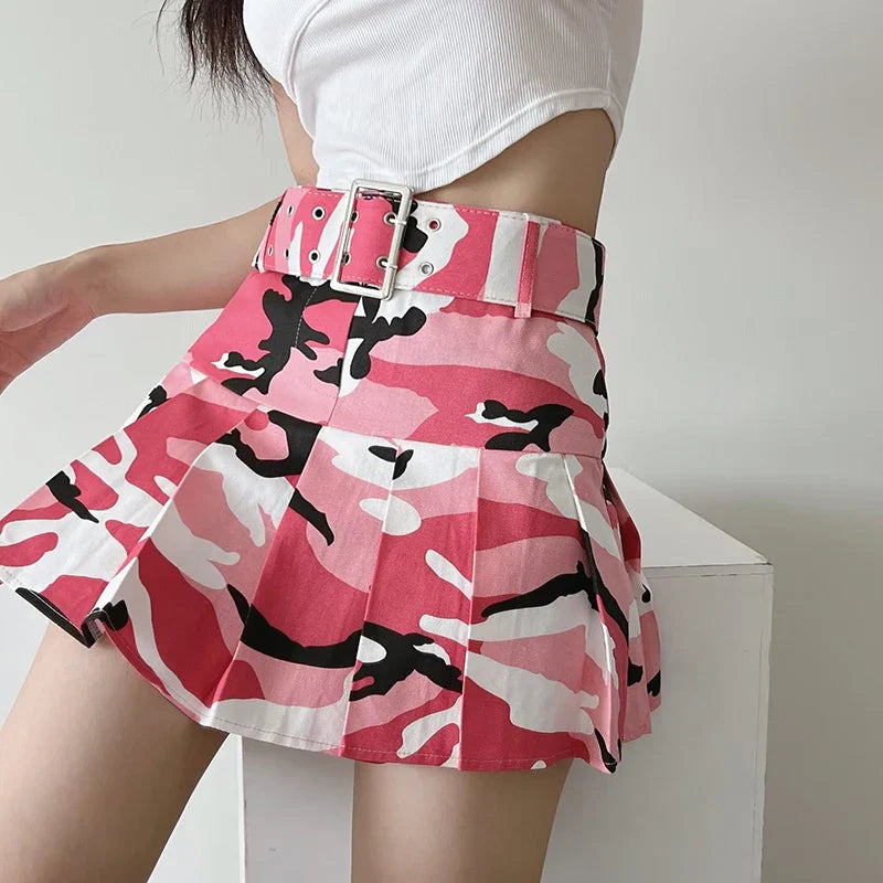 Model wearing the pink Pleated Camoiflage Mini Skirt