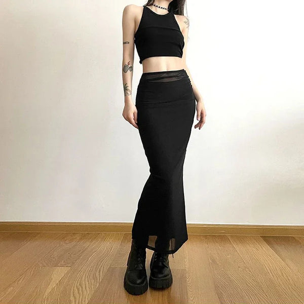 Sexy Mesh Patchwork Black Long Skirt