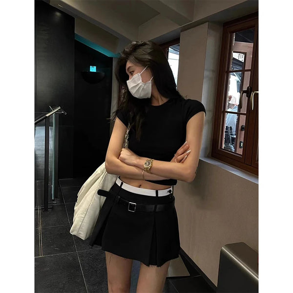 Korean Patchwork Pleated Mini Skirt