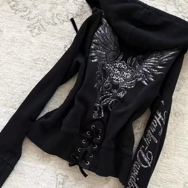 Gothic Drawstring Black Zipper Hoodie