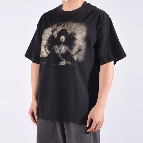 Vintage Portrait Pattern Printed Black T-Shirt