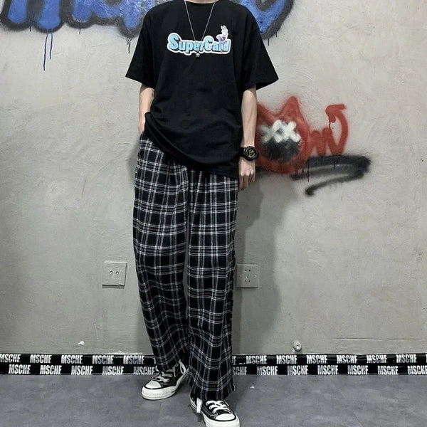 Vintage Korean Style Plaid Wide-Leg Pants