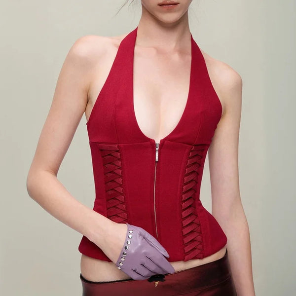Red Halter Backless Top