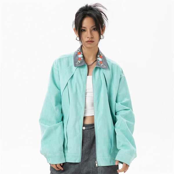 Light Green Embroidery Varsity Jacket