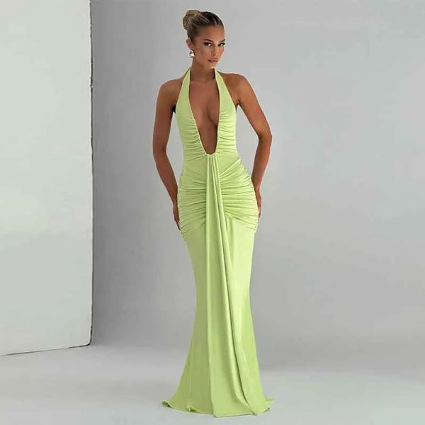Ruched Deep Plunge Maxi Dress