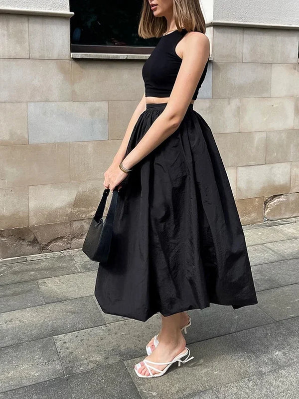 High Waist Pleated A-Line Midi Skirt