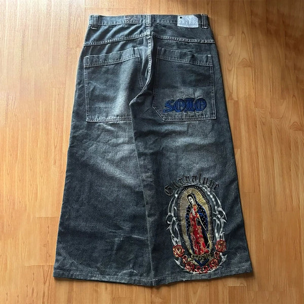 Vintage Virgin Mary Embroidered Wide Jeans