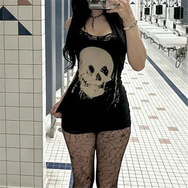 Gothic Skull Print Lace Mini Dress