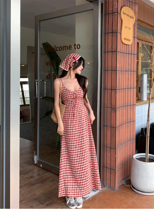 Red Plaid Maid Midi Dress