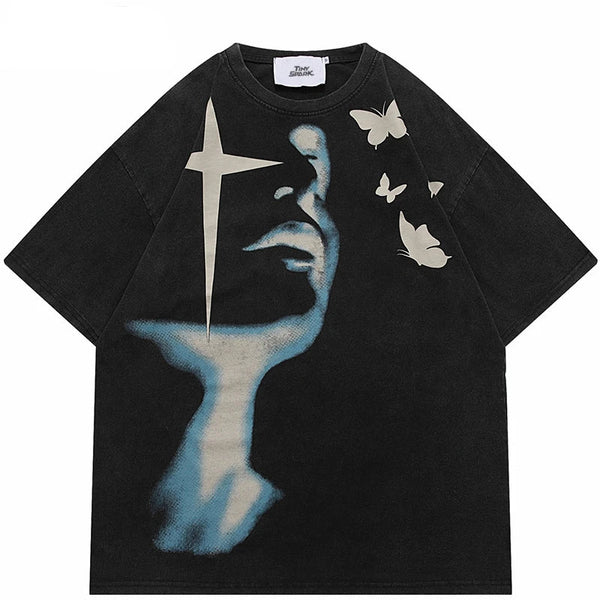 Vintage Shadow Butterfly Graphic Print T-Shirt