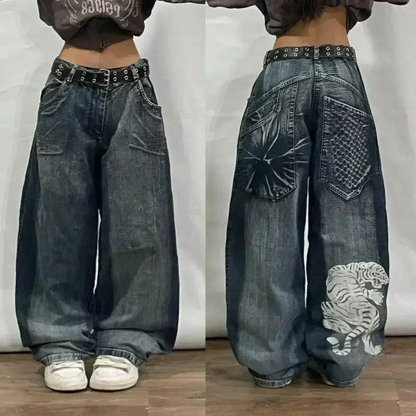 Embroidered Skull Joker Straight Wide Jeans