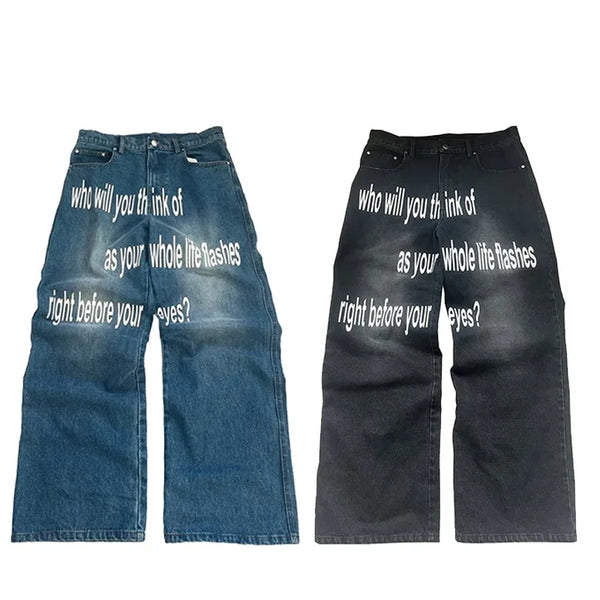 Gothic Letter Pattern Wide Leg Jeans