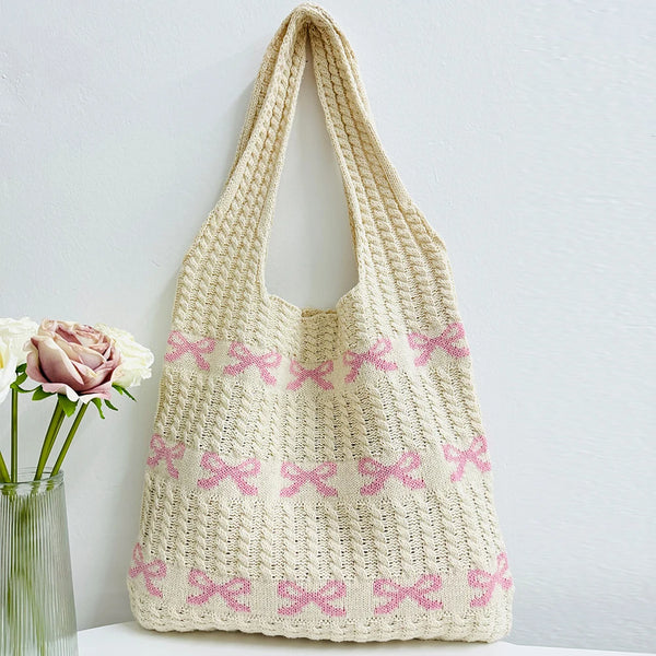Bow Pattern Knitted Crochet Tote Bag