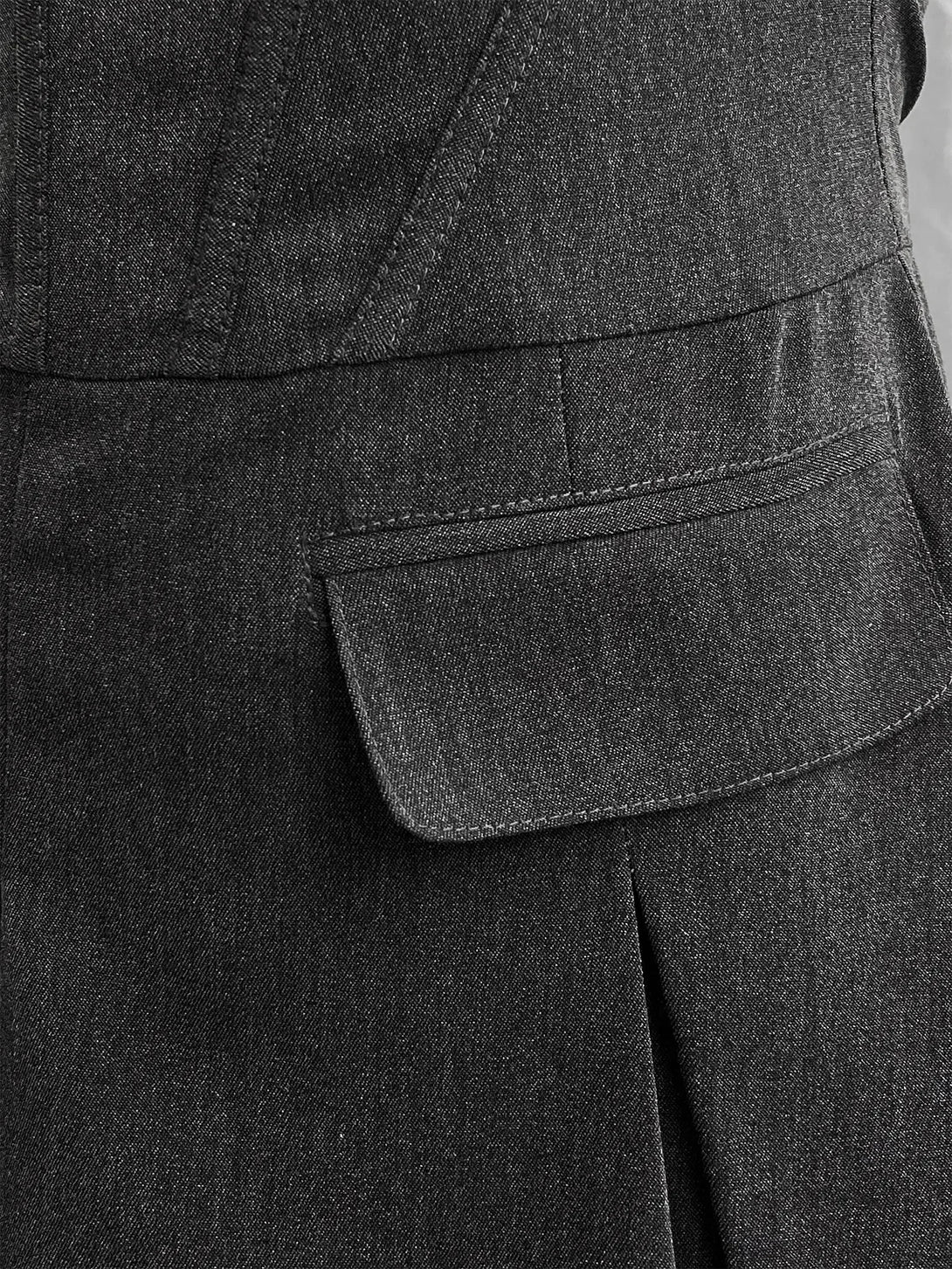 Close-up of a dark gray suit jacket with a pocket detail.