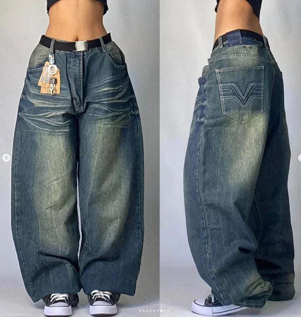 Y2K Embroidered Skull Retro Wide Leg Jeans