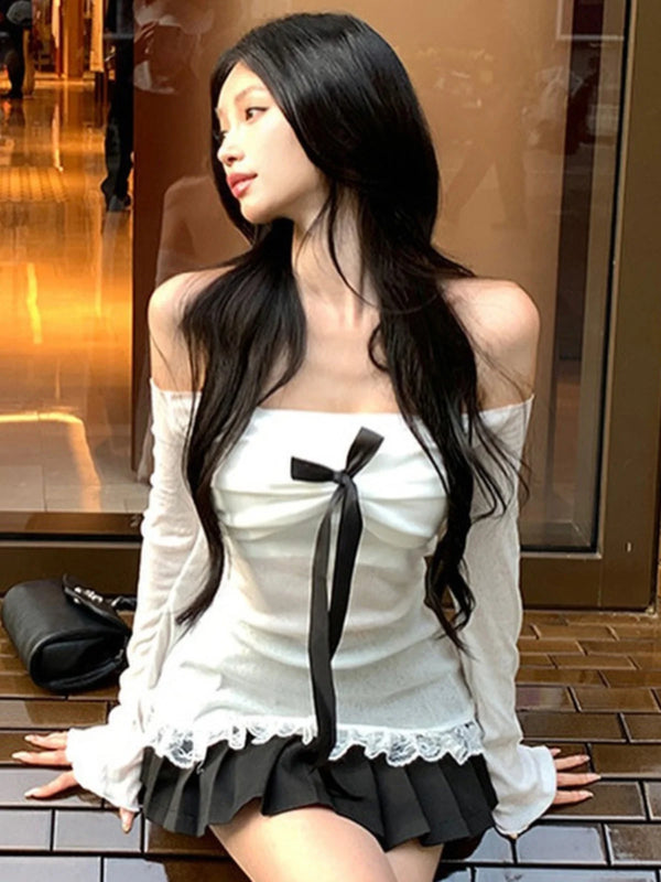 Coquette White Slim Long Bow Top