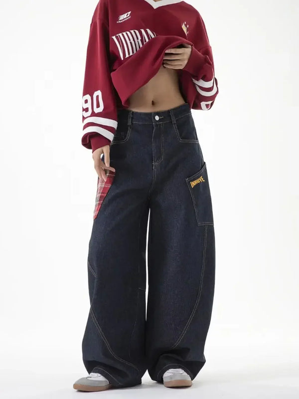 Patchwork Plaid Wide-leg Jeans