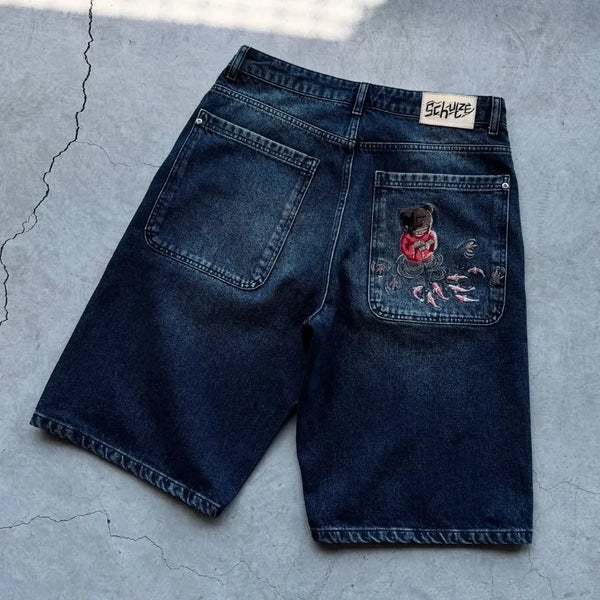 Plum Blossom Embroidered Baggy Denim Shorts